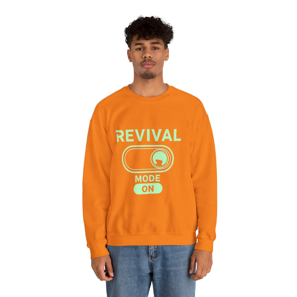 🔥 Revival Mode: ON – Christian Techwear Sweatshirt | Glowing Green Faith Switch | Futuristic Jesus Shirt | Activate Your Spiritual Awakening | Uplifted Gear Printify