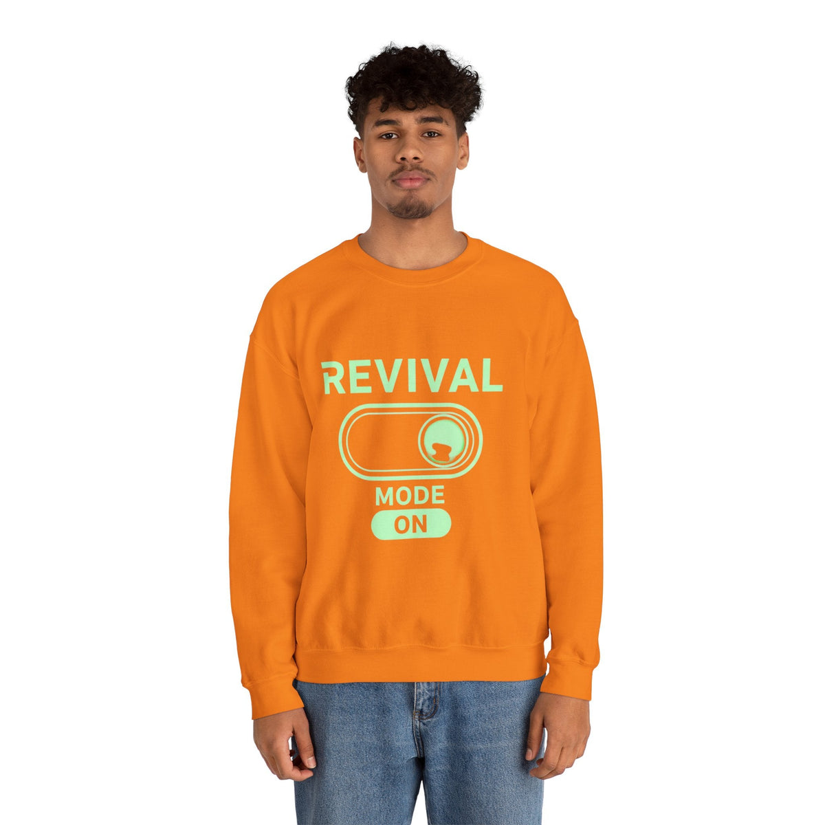 🔥 Revival Mode: ON – Christian Techwear Sweatshirt | Glowing Green Faith Switch | Futuristic Jesus Shirt | Activate Your Spiritual Awakening | Uplifted Gear Printify