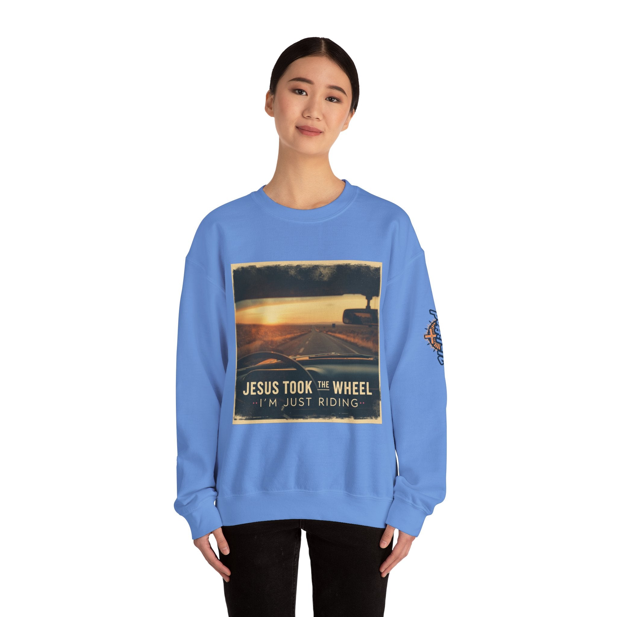 Jesus Took the Wheel I'm Just Riding Sweatshirt – Funny Christian Convertible Car Sweatshirt for Surrendered Faith & Humor