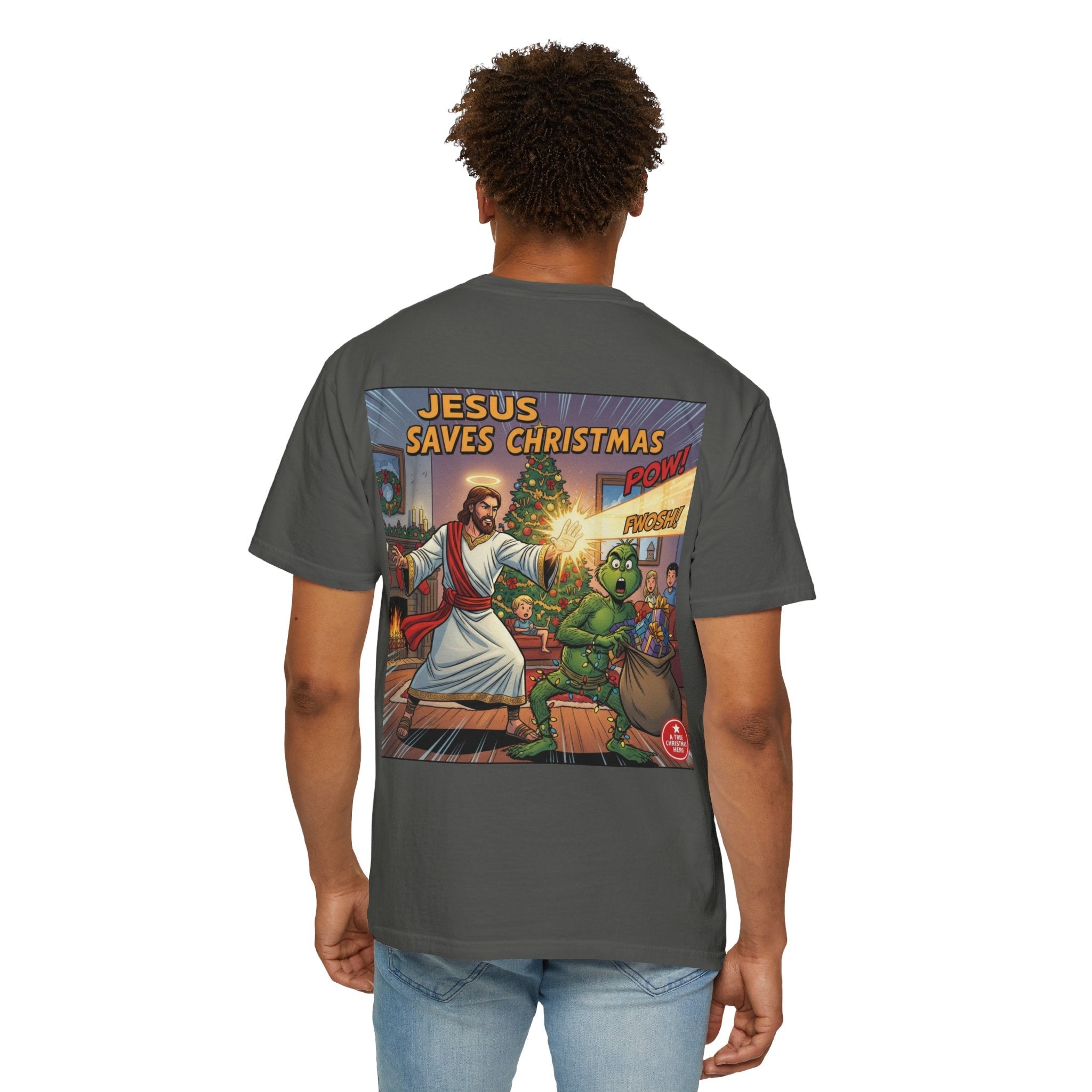 Jesus Saves Christmas T-shirt – Grinch vs Savior Light Battle Christian T-shirt for Hilarious Holiday Faith & True Joy Printify