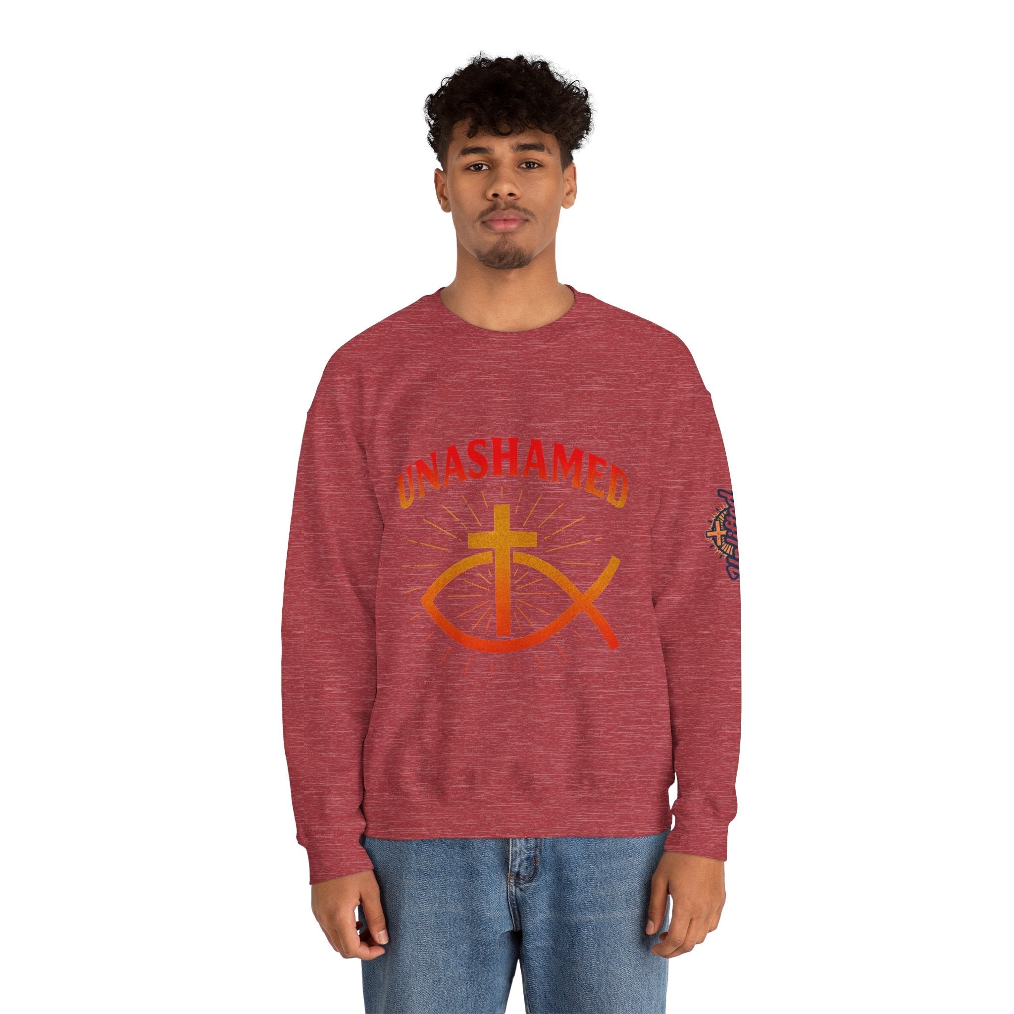 Unashamed Sweatshirt – Ichthys Jesus Fish & Cross Christian Sweatshirt for Romans 1:16 Bold Faith Printify