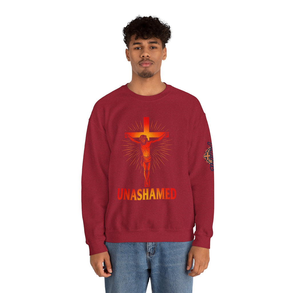 Unashamed Sweatshirt – Romans 1:16 Crucifixion Christian Sweatshirt for Bold Unwavering Faith Printify