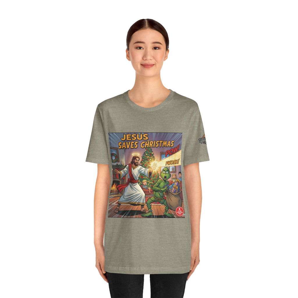 Jesus Saves Christmas T-shirt – Grinch vs Savior Light Battle Christian T-shirt for Hilarious Holiday Faith & True Joy Printify