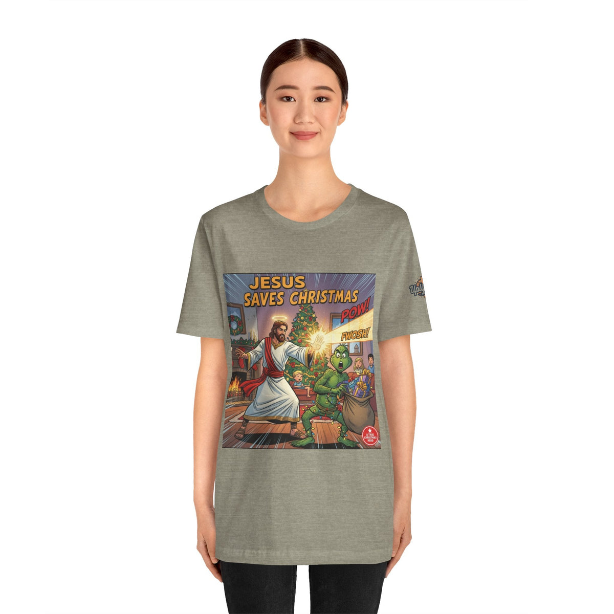 Jesus Saves Christmas T-shirt – Grinch vs Savior Light Battle Christian T-shirt for Hilarious Holiday Faith & True Joy Printify