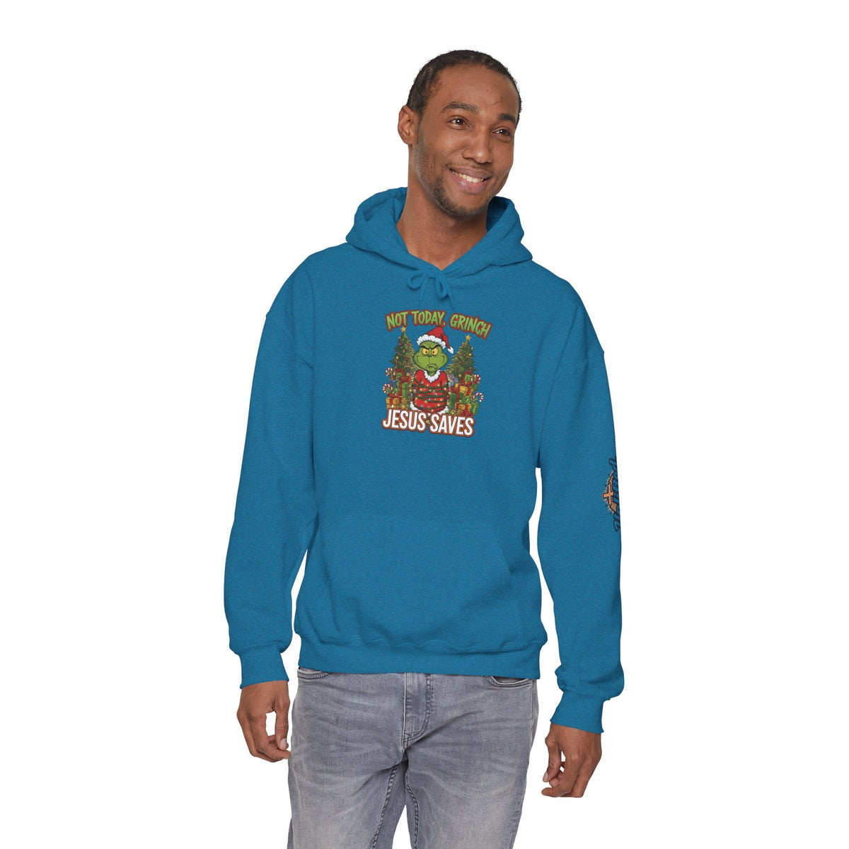 🎄 Not Today, Grinch – Jesus Saves | Funny Christian Christmas Hoodie | Sulking Grinch & Glowing Cross | Bold Neon Faith Tee by Uplifted Gear Printify
