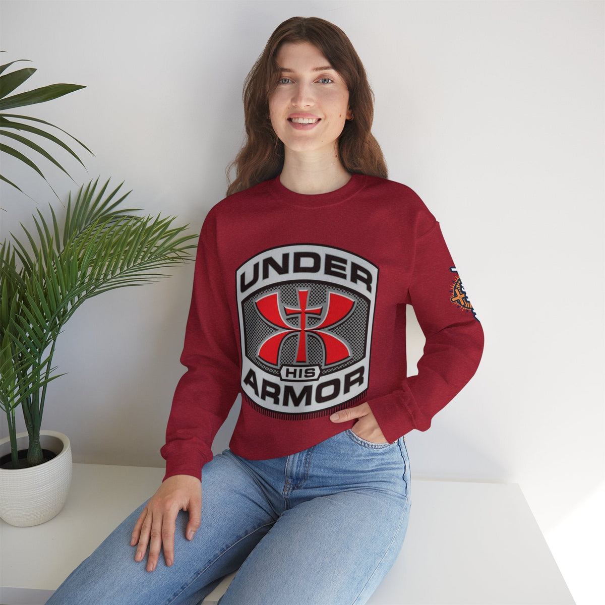 Under His Armor Crewneck Sweatshirt — Christian Faith Graphic Pullover Printify