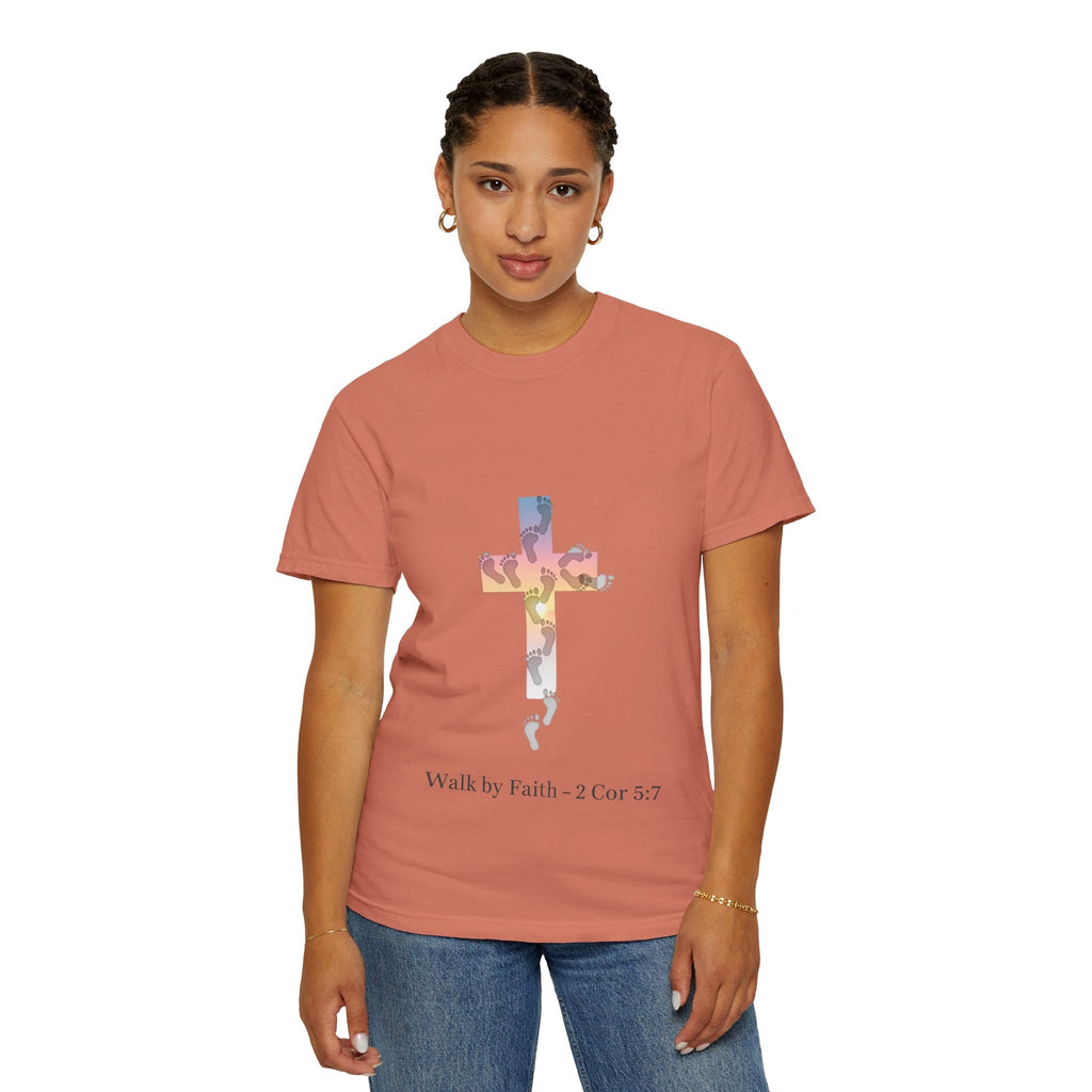Walk by Faith T-Shirt – Cross & Footprints Christian Tee for Bold Believers Printify