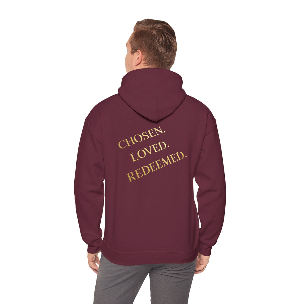 ✨ Chosen. Loved. Redeemed. – Elegant Christian Hoodie | Gold Foil Faith Tee | Subtle Cross & Heart Design | Inspirational Bible Verse Apparel by Uplifted Gear Printify