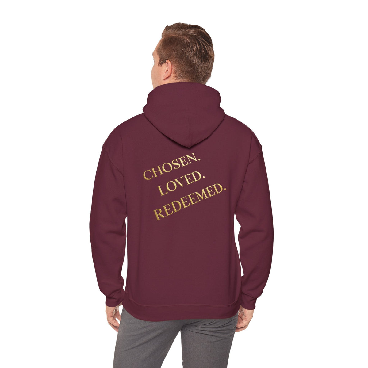 ✨ Chosen. Loved. Redeemed. – Elegant Christian Hoodie | Gold Foil Faith Tee | Subtle Cross & Heart Design | Inspirational Bible Verse Apparel by Uplifted Gear Printify
