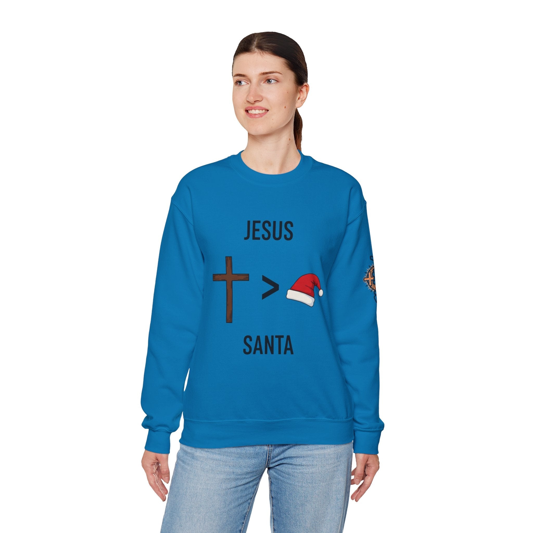🎄 Jesus > Santa – Minimalist Christian Christmas Sweatshirt | Bold Faith Over Holiday Tee | Cross vs Santa Hat Design | Uplifted Gear Printify