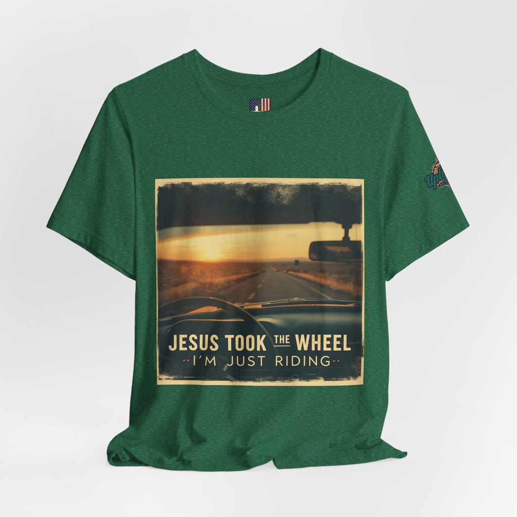 Jesus Took the Wheel I'm Just Riding T-shirt – Funny Christian Convertible Car T-shirt for Surrendered Faith & Humor Printify