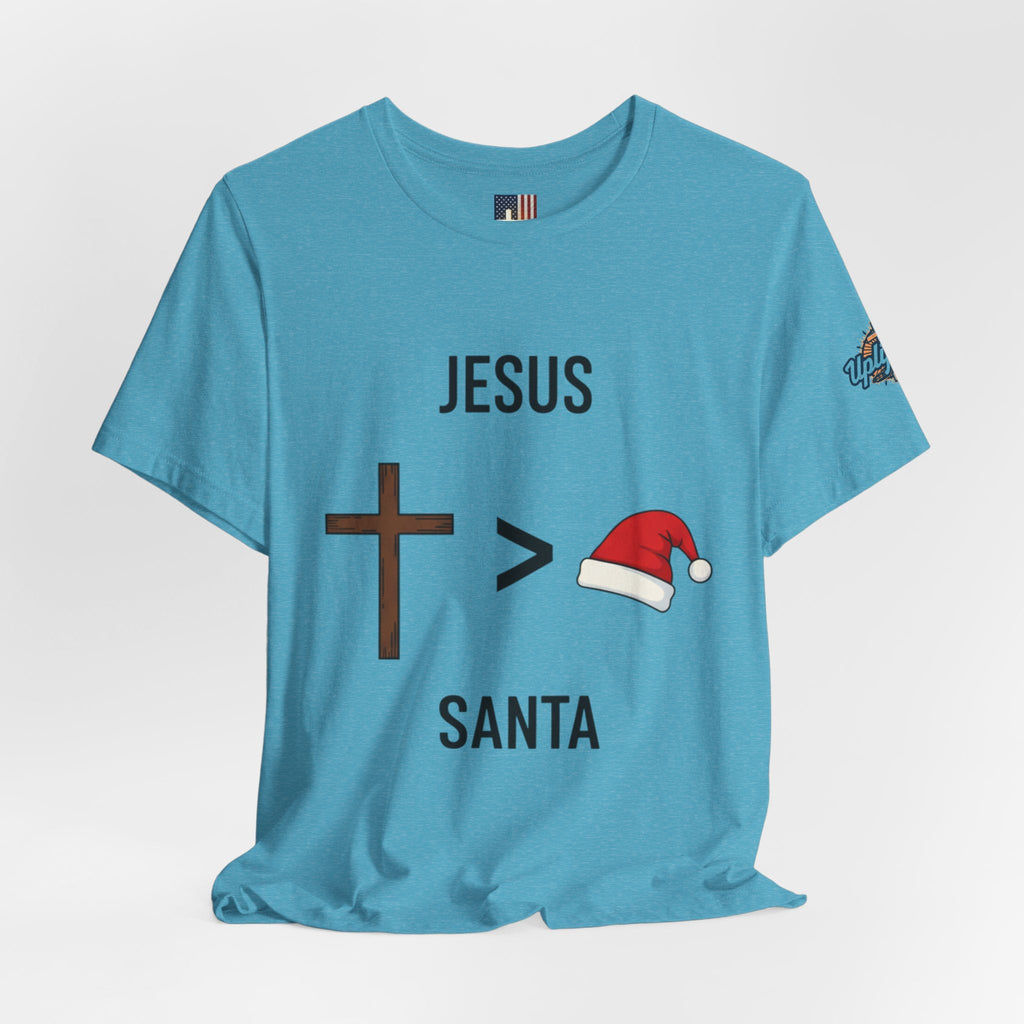 🎄 Jesus > Santa – Minimalist Christian Christmas T-Shirt | Bold Faith Over Holiday Tee | Cross vs Santa Hat Design | Uplifted Gear Printify
