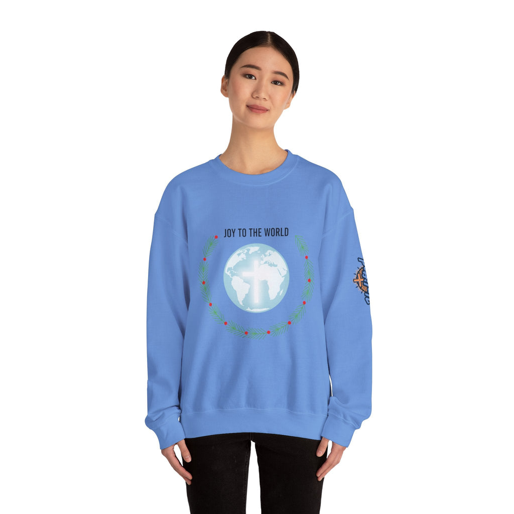 Joy to the World Sweatshirt – Wreath Earth Nativity Christian Christmas Sweatshirt for Isaiah 9:6 Holiday Faith & Festive Joy Printify