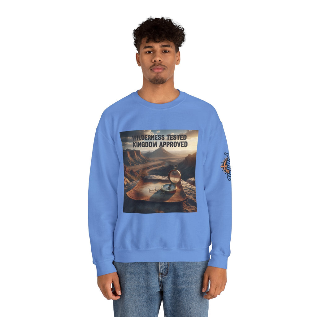 Wilderness Tested Kingdom Approved Sweatshirt – Mountain Desert Compass Crown Christian Sweatshirt for Biblical Adventure Faith Printify