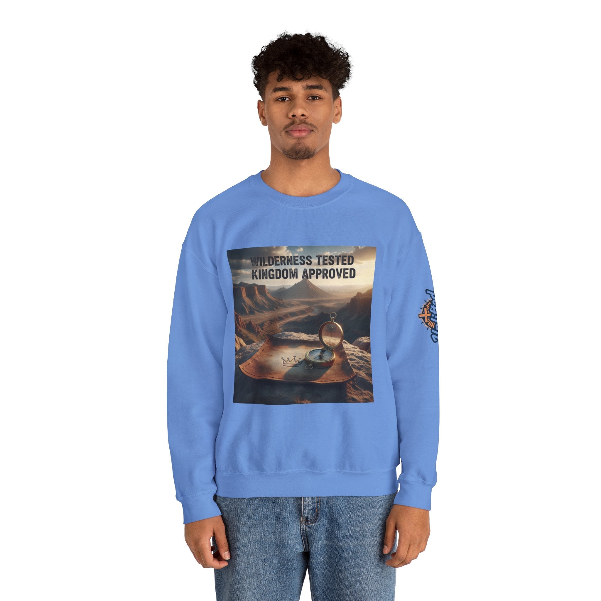 Wilderness Tested Kingdom Approved Sweatshirt – Mountain Desert Compass Crown Christian Sweatshirt for Biblical Adventure Faith Printify