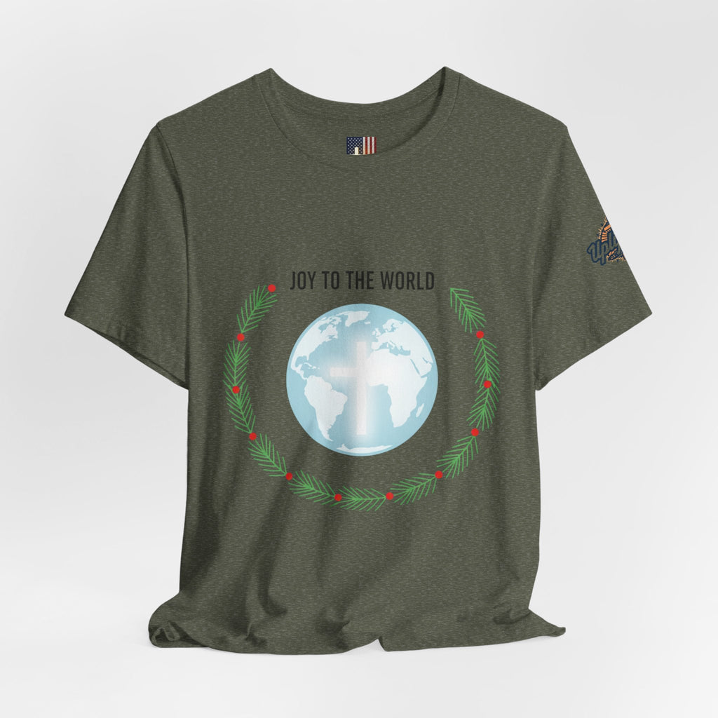 Joy to the World T-shirt – Wreath Earth Nativity Christian Christmas T-shirt for Isaiah 9:6 Holiday Faith & Festive Joy Printify