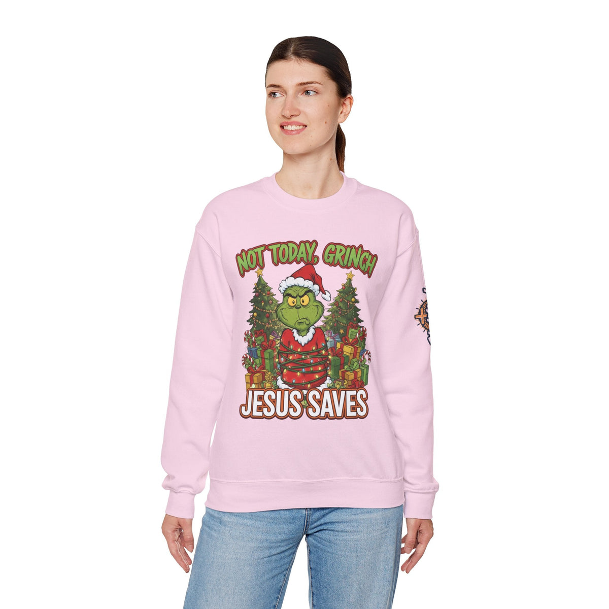 🎄 Not Today, Grinch – Jesus Saves | Funny Christian Christmas Sweatshirt | Sulking Grinch & Glowing Cross | Bold Neon Faith Tee by Uplifted Gear Printify