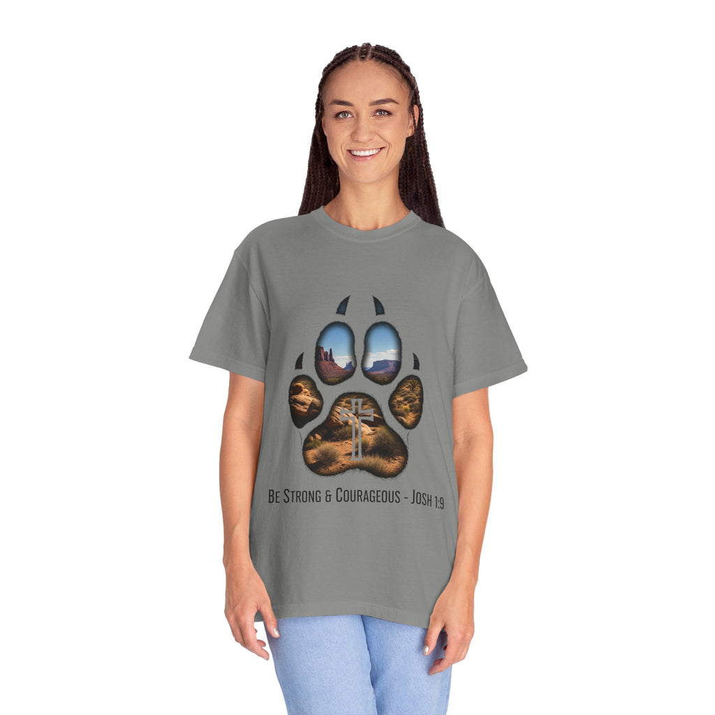 Strong and Courageous T-Shirt – Canine Pawprint Desert Joshua 1:9 Christian Tee Printify