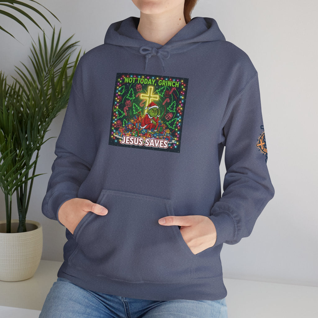 🎄 Not Today, Grinch – Jesus Saves | Funny Christian Christmas Hoodie | Festive Green & Red Cartoon Style | Bold Faith Holiday Tee by Uplifted Gear Printify