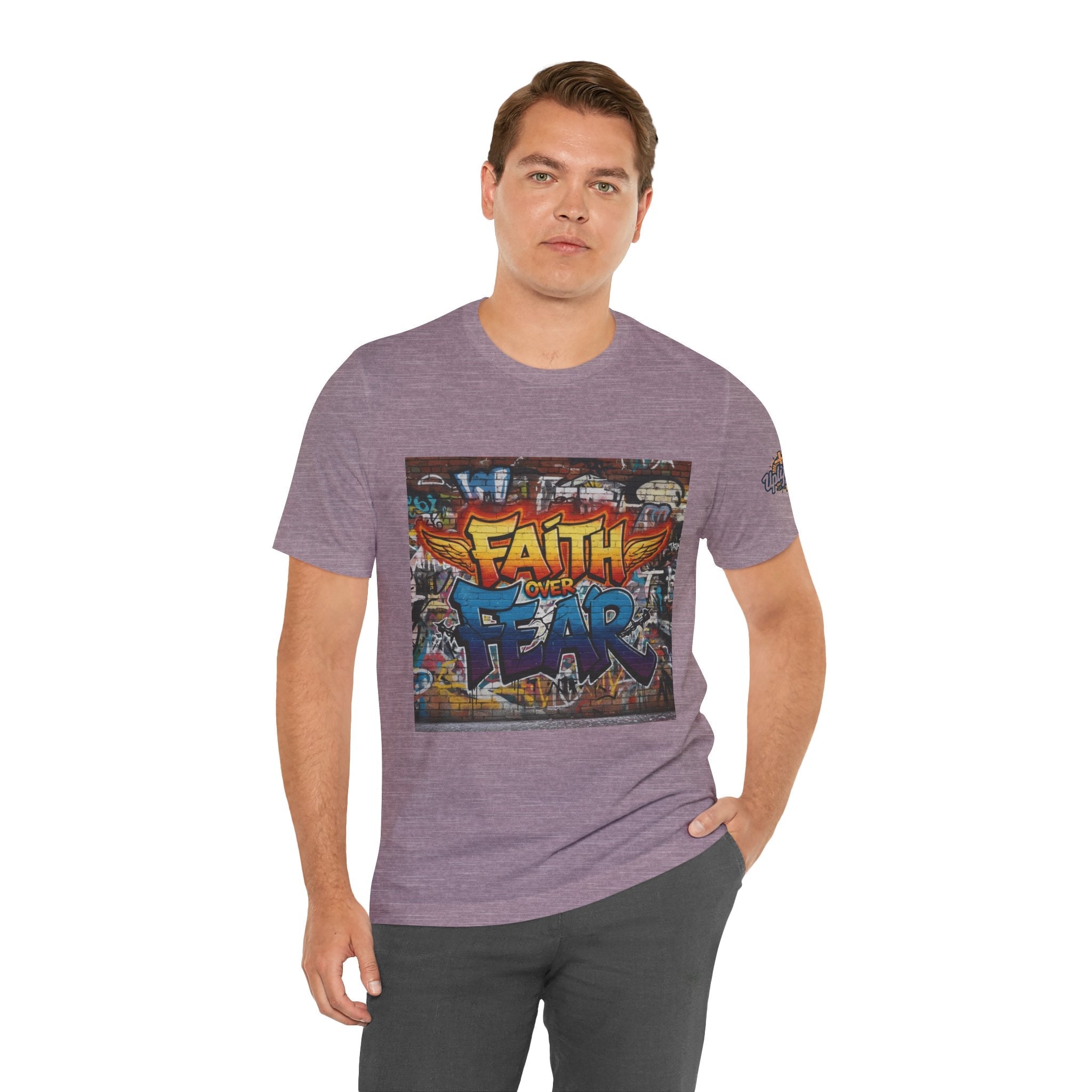 Faith Over Fear T-shirt – Graffiti Wall Christian T-shirt for Bold 2 Corinthians 5:7 Streetwear & Unshakable Faith Printify