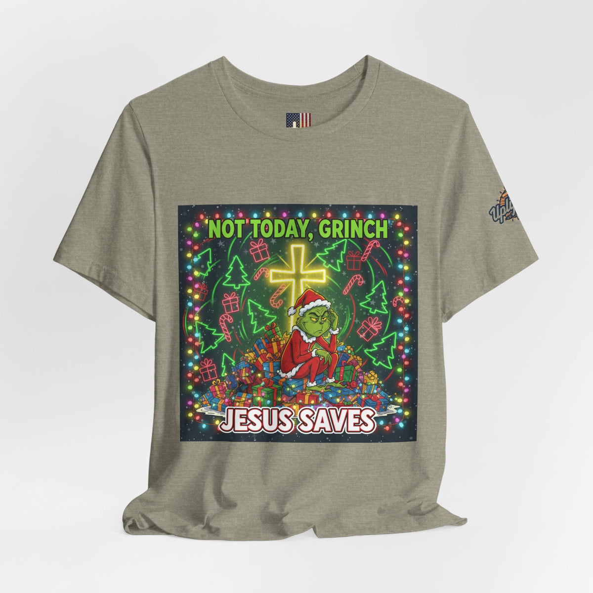 🎄 Not Today, Grinch – Jesus Saves | Funny Christian Christmas T-Shirt | Festive Green & Red Cartoon Style | Bold Faith Holiday Tee by Uplifted Gear Printify