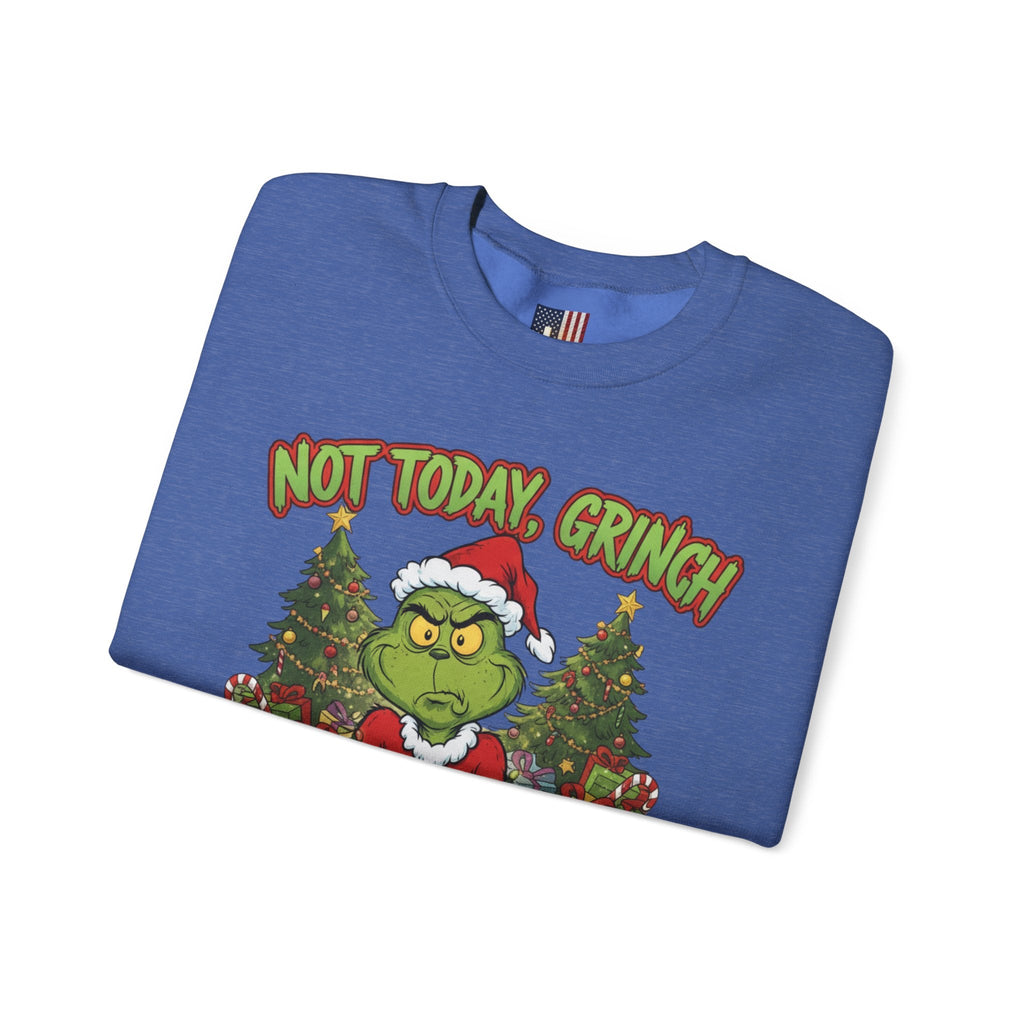 🎄 Not Today, Grinch – Jesus Saves | Funny Christian Christmas Sweatshirt | Sulking Grinch & Glowing Cross | Bold Neon Faith Tee by Uplifted Gear Printify