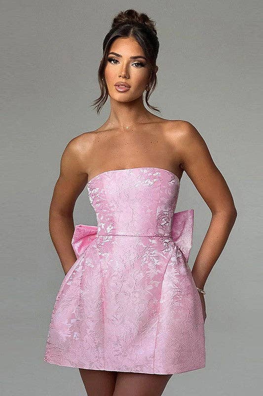 Sexy Jacquard Pastel Pink Strapless Bow Dress Pretty Little Patriot