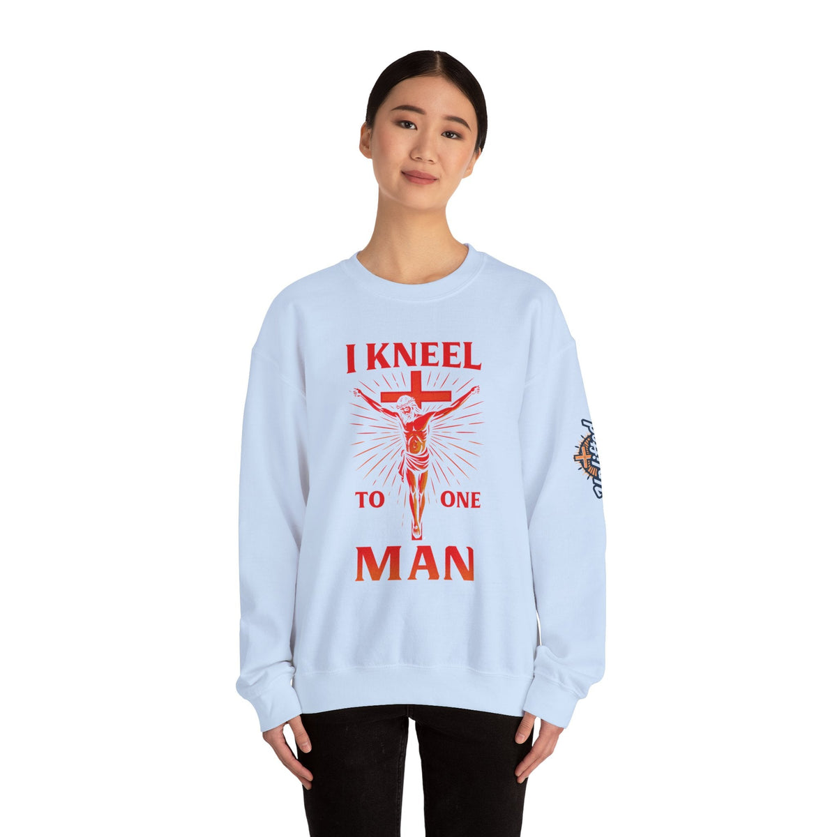I Kneel to One Man Sweatshirt – Crucifixion Christian Sweatshirt for Unashamed Devotion & Bold Faith Printify