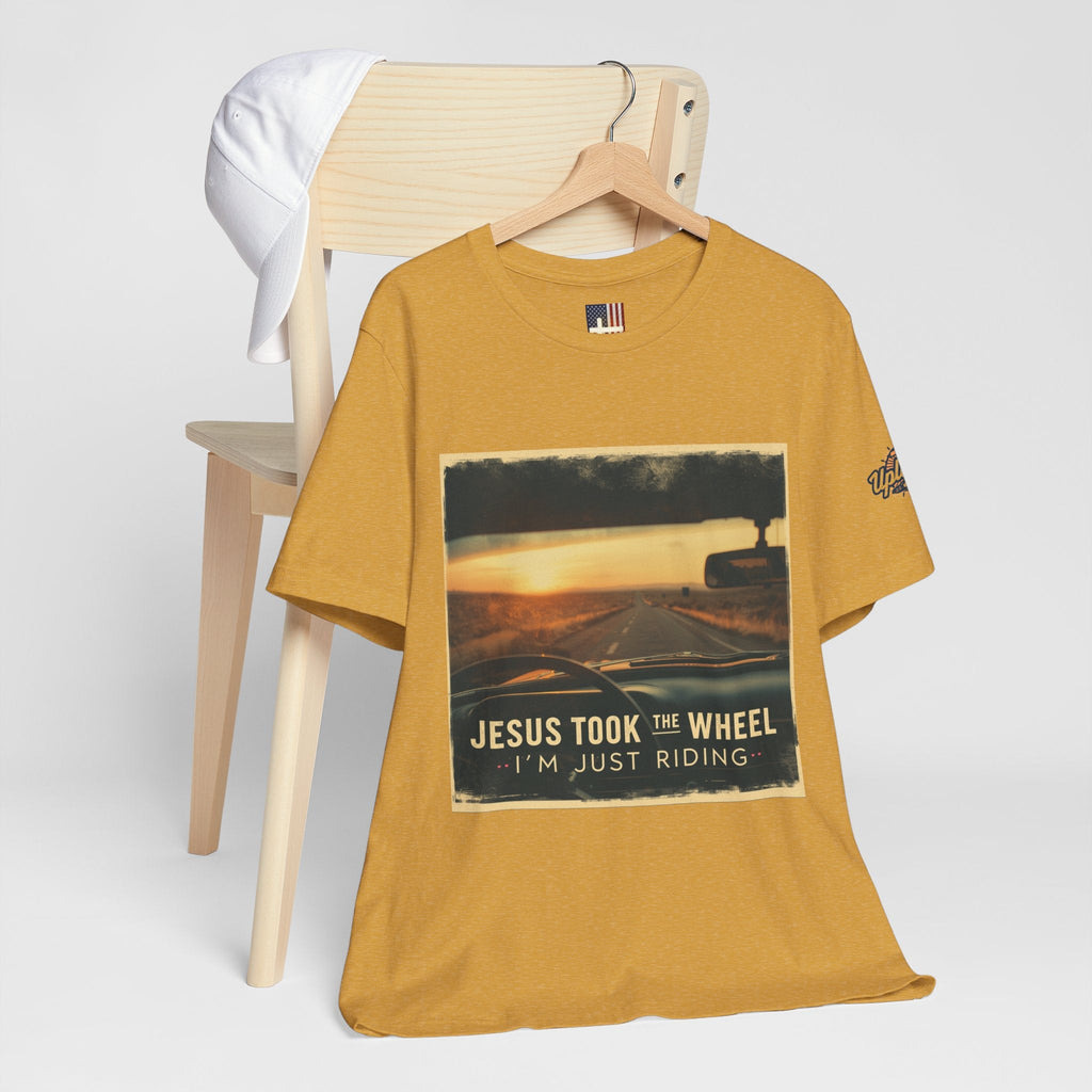Jesus Took the Wheel I'm Just Riding T-shirt – Funny Christian Convertible Car T-shirt for Surrendered Faith & Humor Printify