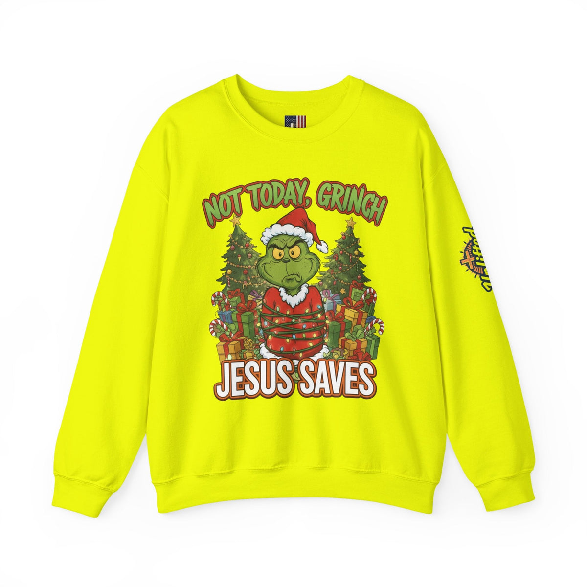 🎄 Not Today, Grinch – Jesus Saves | Funny Christian Christmas Sweatshirt | Sulking Grinch & Glowing Cross | Bold Neon Faith Tee by Uplifted Gear Printify