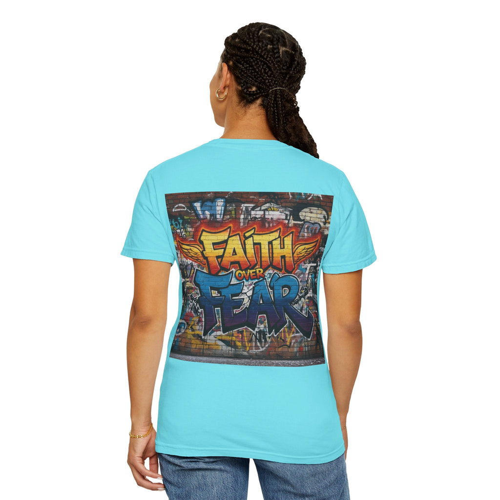 Faith Over Fear T-shirt – Graffiti Wall Christian T-shirt for Bold 2 Corinthians 5:7 Streetwear & Unshakable Faith Printify