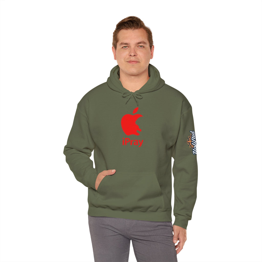 iPray Apple Logo Hoodie — Funny Christian Hoodie (Minimal Red Apple Graphic) Printify
