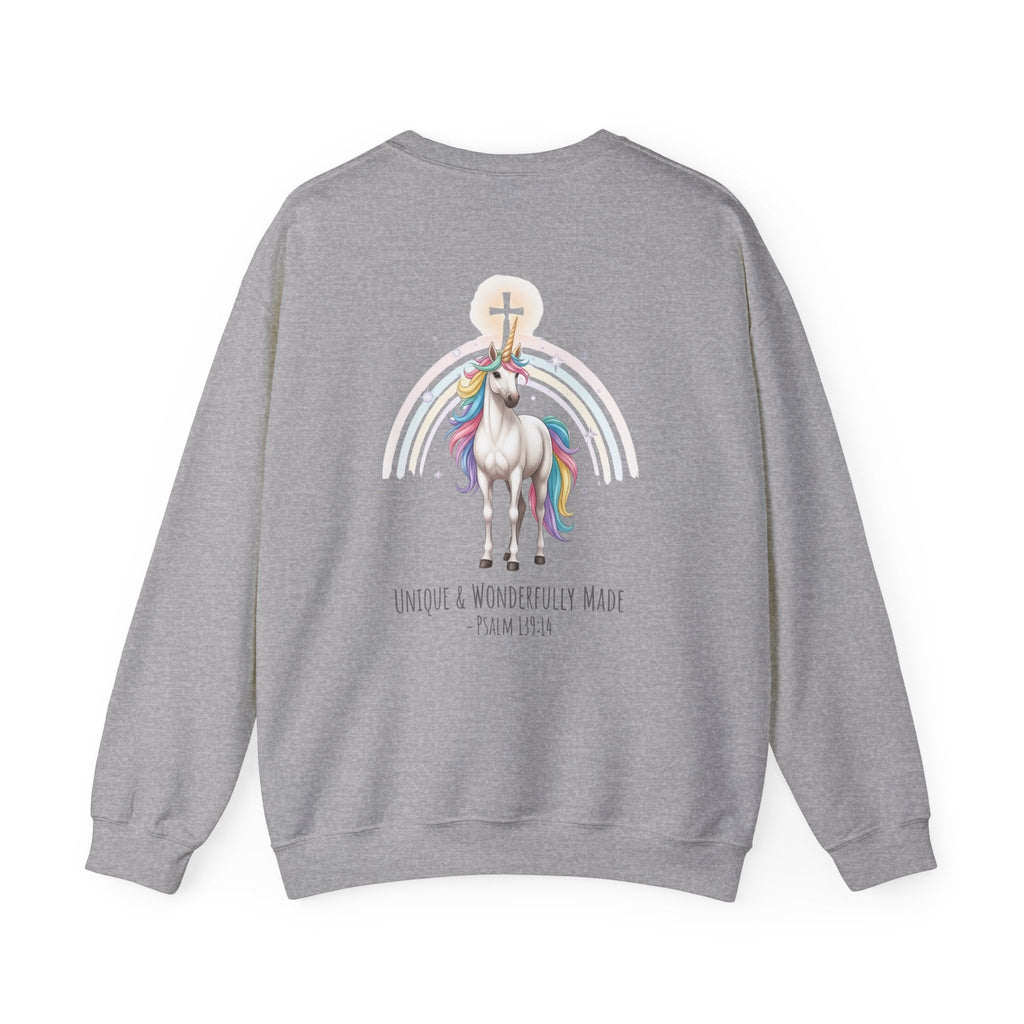 Unique Unicorn Sweatshirt – Rainbow Cross Psalm 139:14 Christian Sweatshirt for Wonderfully Made Printify