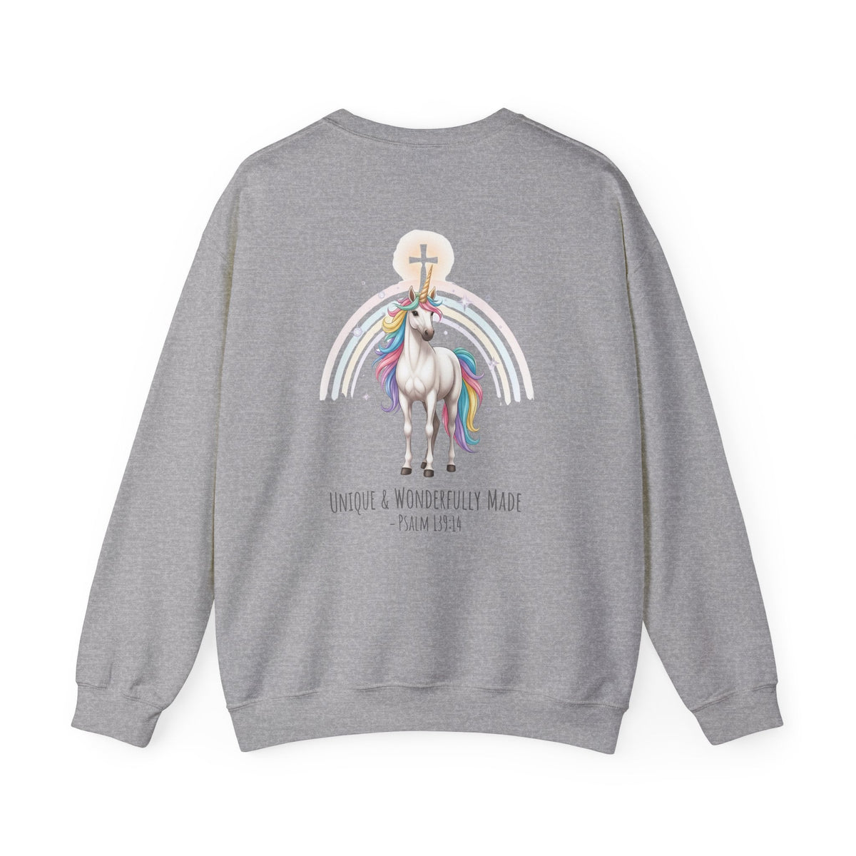 Unique Unicorn Sweatshirt – Rainbow Cross Psalm 139:14 Christian Sweatshirt for Wonderfully Made Printify