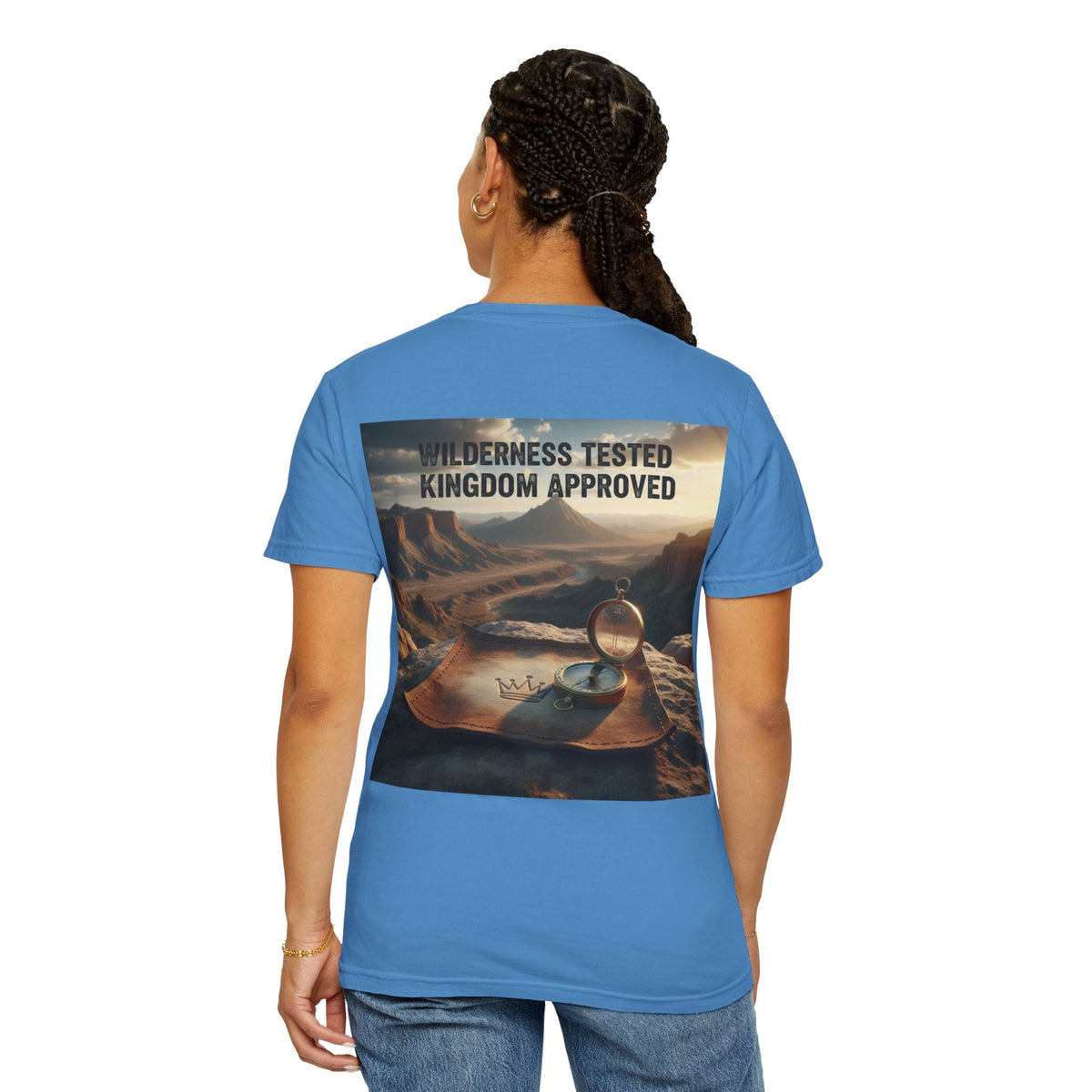 Wilderness Tested Kingdom Approved T-shirt – Mountain Desert Compass Crown Christian T-shirt for Biblical Adventure Faith Printify