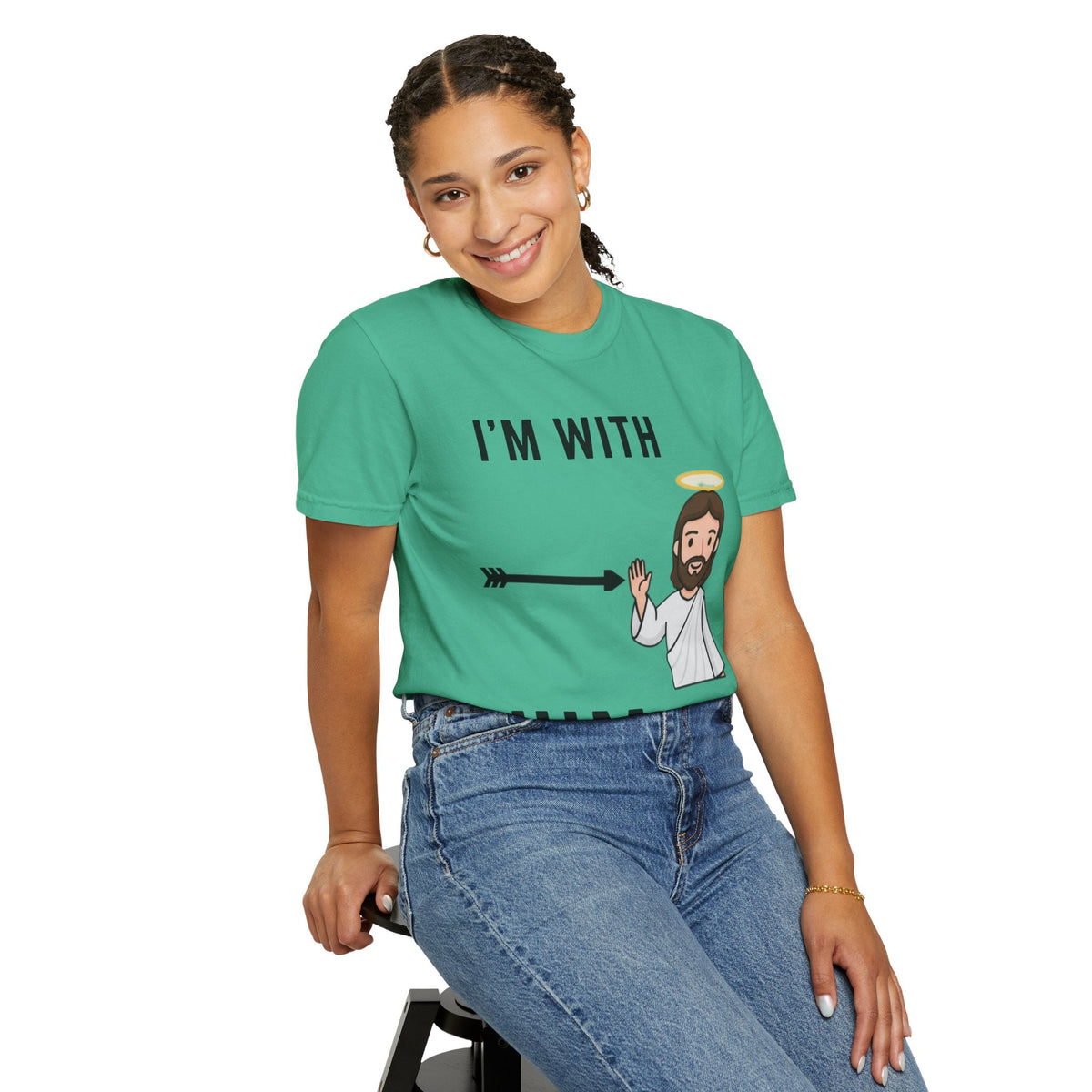 🔥 I’m With Him → Christian T-Shirt | Arrow Pointing to Jesus | Minimalist Faith Tee | Subtle Cross Design | Bible-Inspired Apparel by Uplifted Gear Printify