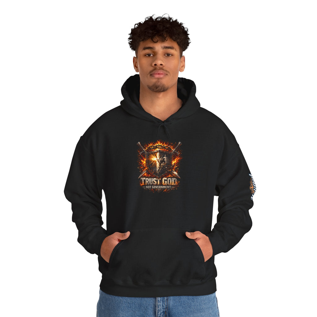 Trust God Not Government Shield Hoodie — Patriotic Christian Faith Hoodie Printify