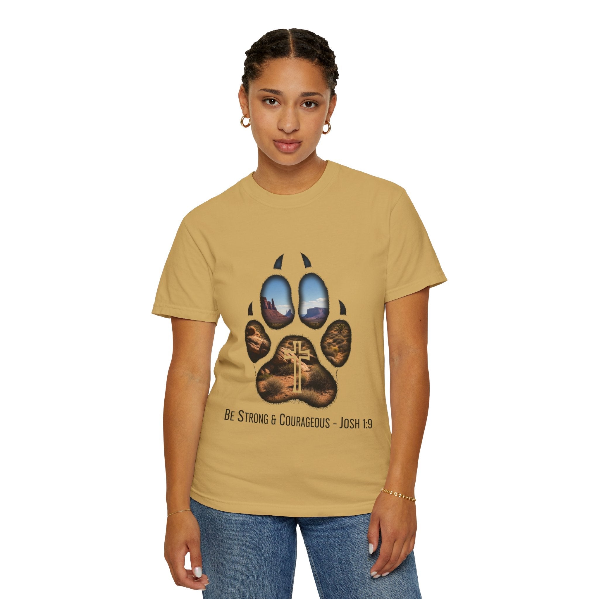 Strong and Courageous T-Shirt – Canine Pawprint Desert Joshua 1:9 Christian Tee Printify