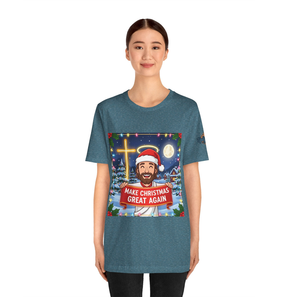 🎄 Make Christmas Great Again – Funny Christian T-Shirt | Jesus Holding Banner | Faith-Based Holiday Parody Tee | Uplifted Gear Printify