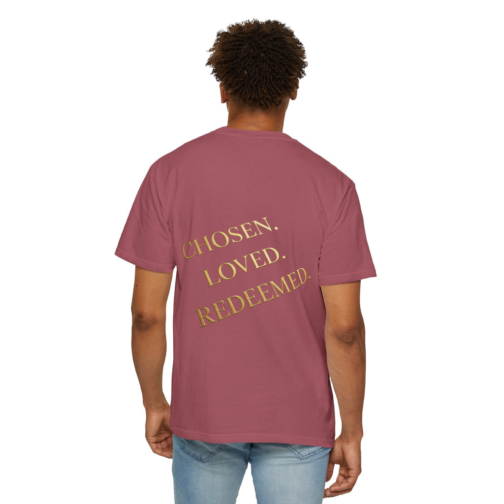✨ Chosen. Loved. Redeemed. – Elegant Christian T-Shirt | Gold Foil Faith Tee | Subtle Cross & Heart Design | Inspirational Bible Verse Apparel by Uplifted Gear Printify