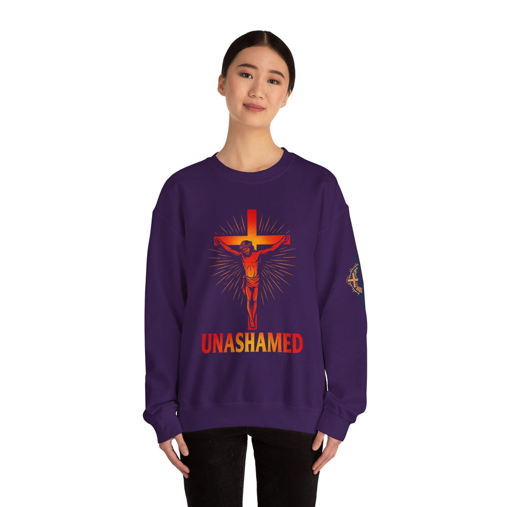 Unashamed Sweatshirt – Romans 1:16 Crucifixion Christian Sweatshirt for Bold Unwavering Faith Printify