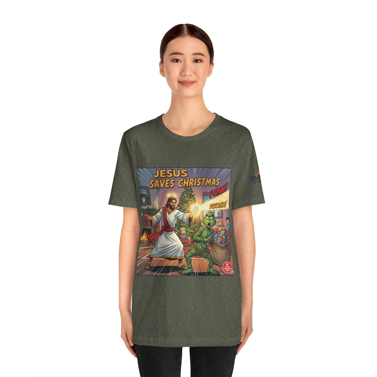 Jesus Saves Christmas T-shirt – Grinch vs Savior Light Battle Christian T-shirt for Hilarious Holiday Faith & True Joy Printify