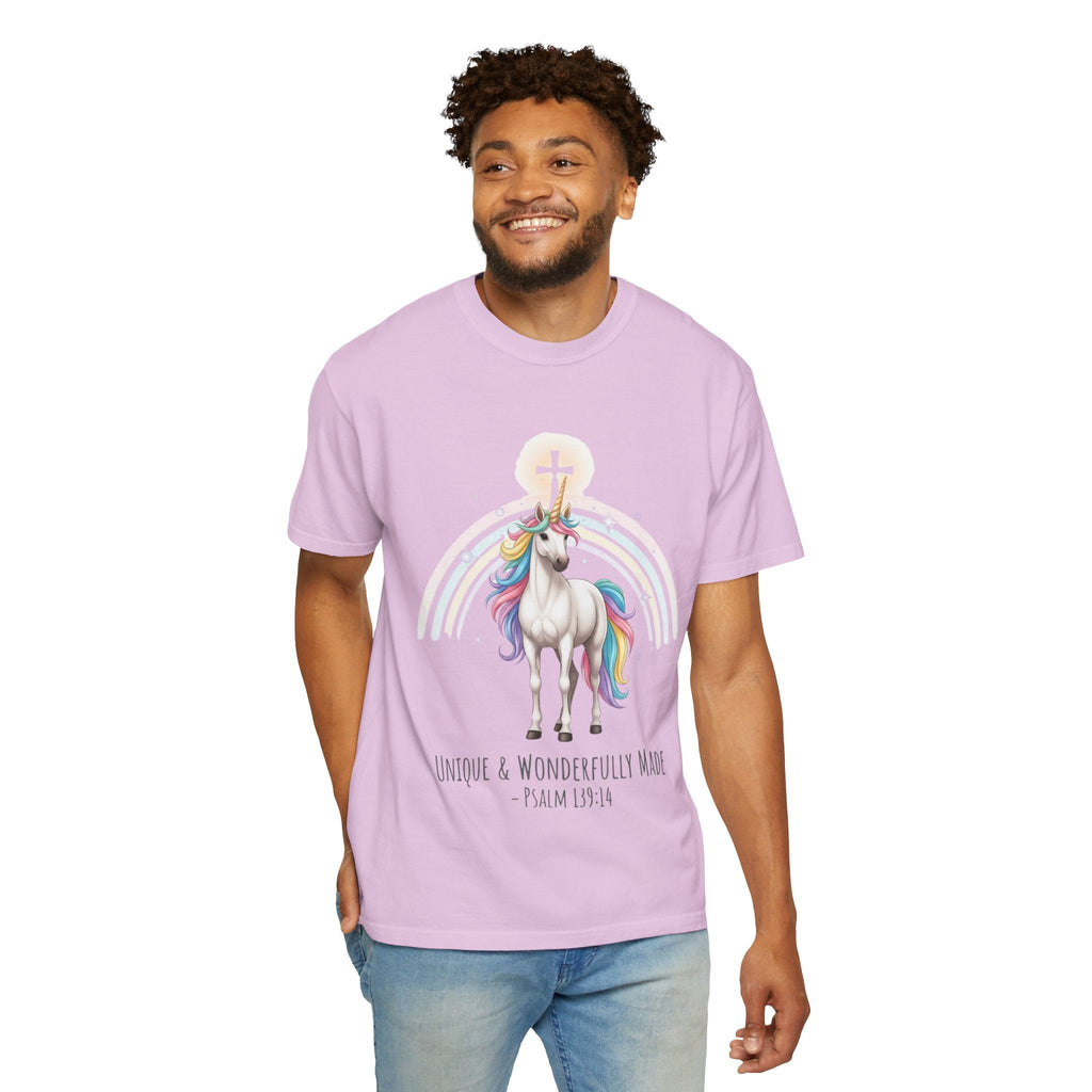 Unique Unicorn Christian T-Shirt – Wonderfully Made with Rainbow Cross & Psalm 139:14 Printify