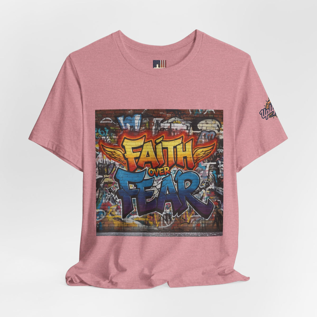 Faith Over Fear T-shirt – Graffiti Wall Christian T-shirt for Bold 2 Corinthians 5:7 Streetwear & Unshakable Faith Printify