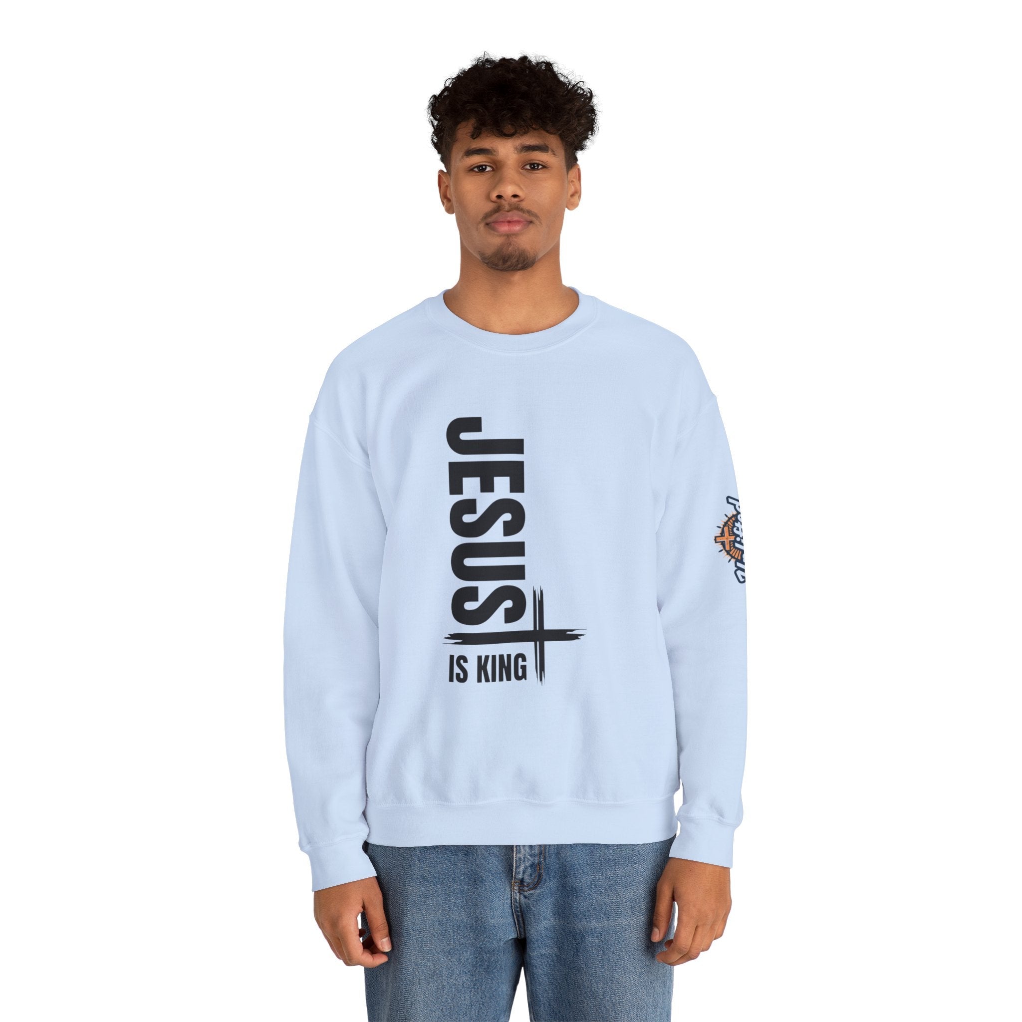 Jesus Is King Sweatshirt | Modern Typographic Cross Christian Sweatshirt Printify