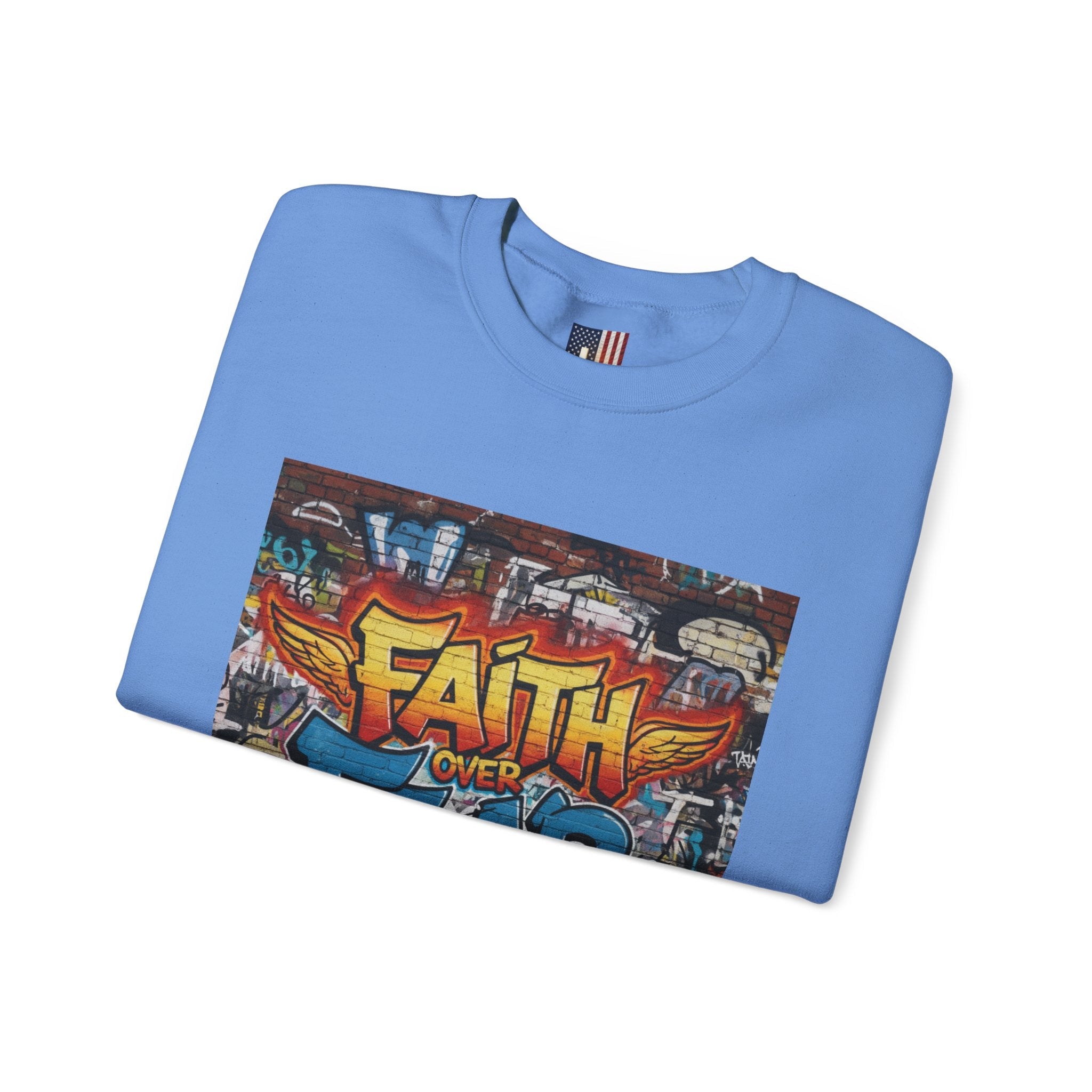 Faith Over Fear Sweatshirt – Graffiti Wall Christian Sweatshirt for Bold 2 Corinthians 5:7 Streetwear & Unshakable Faith Printify