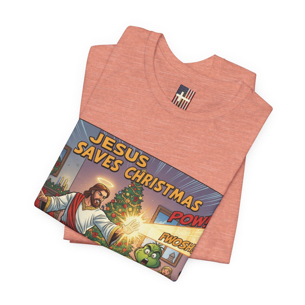 Jesus Saves Christmas T-shirt – Grinch vs Savior Light Battle Christian T-shirt for Hilarious Holiday Faith & True Joy Printify