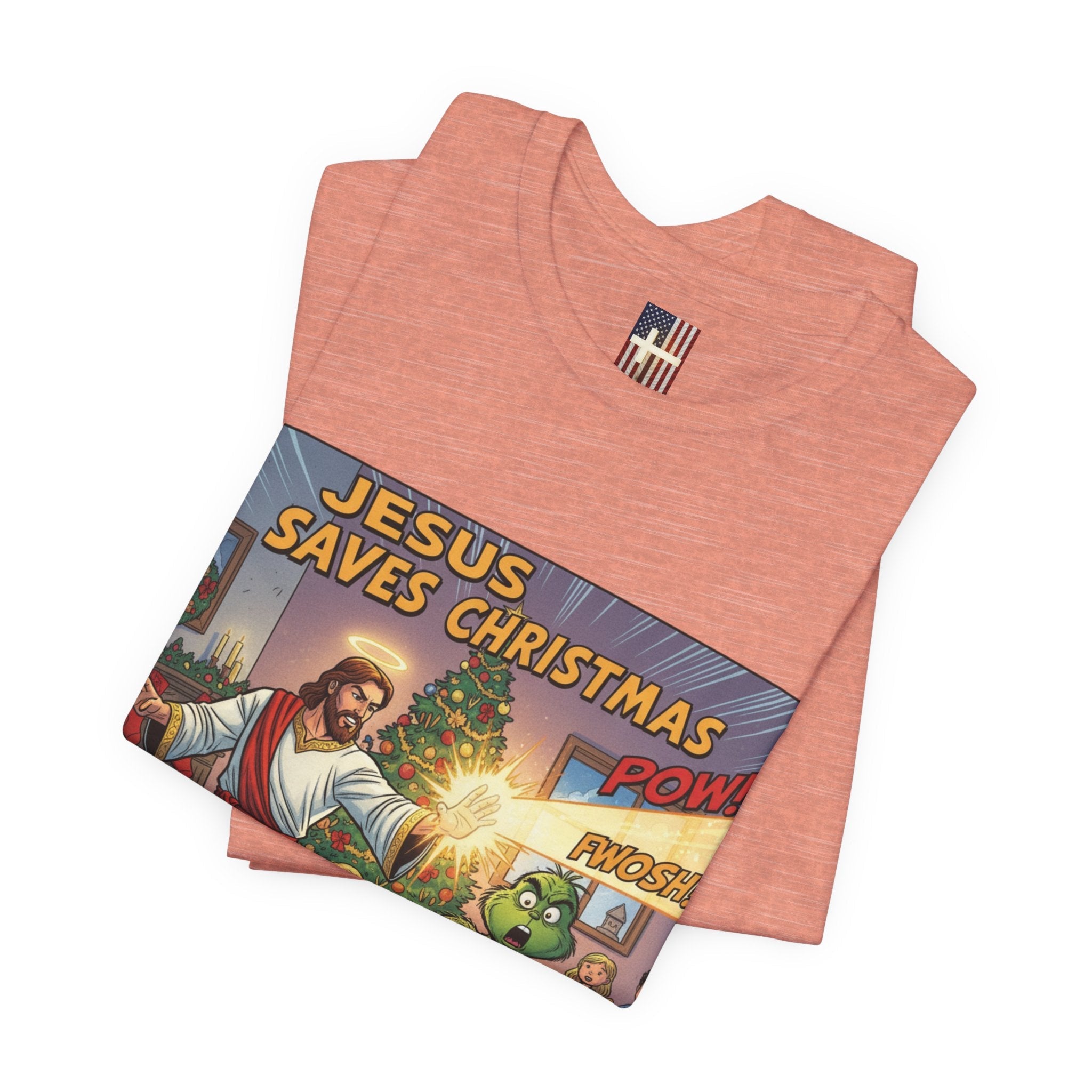 Jesus Saves Christmas T-shirt – Grinch vs Savior Light Battle Christian T-shirt for Hilarious Holiday Faith & True Joy Printify