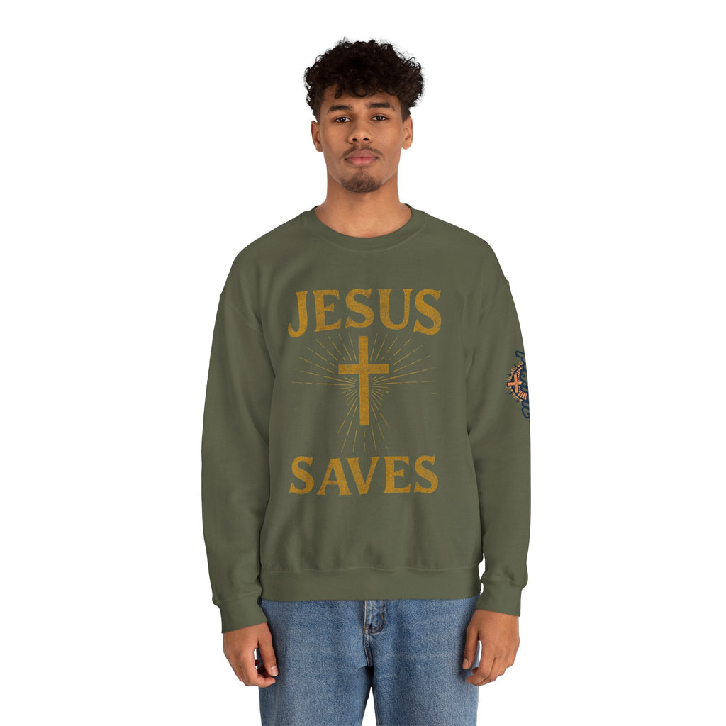 Jesus Saves Sweatshirt – Radiant Cross & Rays of Light Christian Sweatshirt for Eternal Hope & Faith Printify