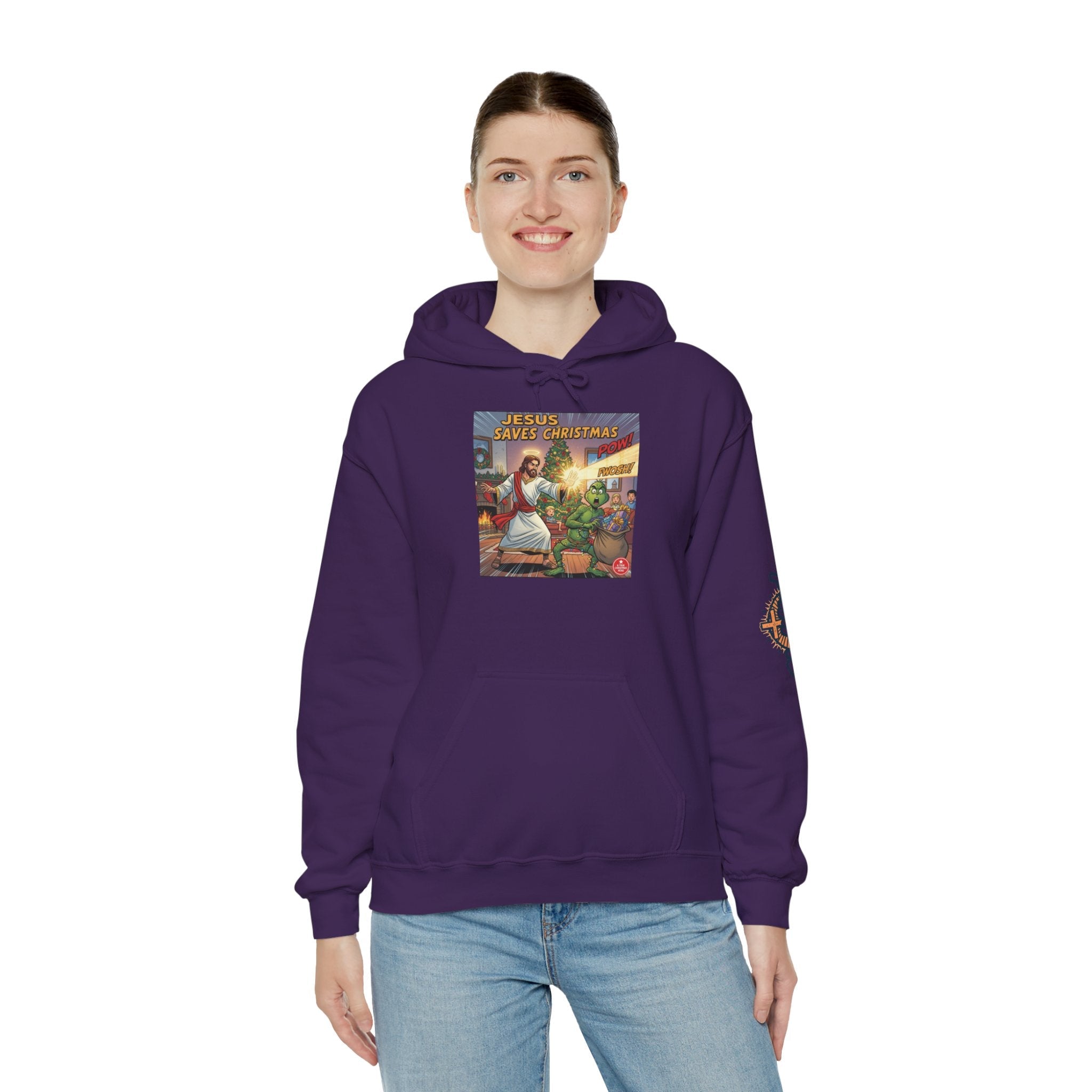 Jesus Saves Christmas Hoodie – Grinch vs Savior Light Battle Christian Sweatshirt for Hilarious Holiday Faith & True Joy Printify